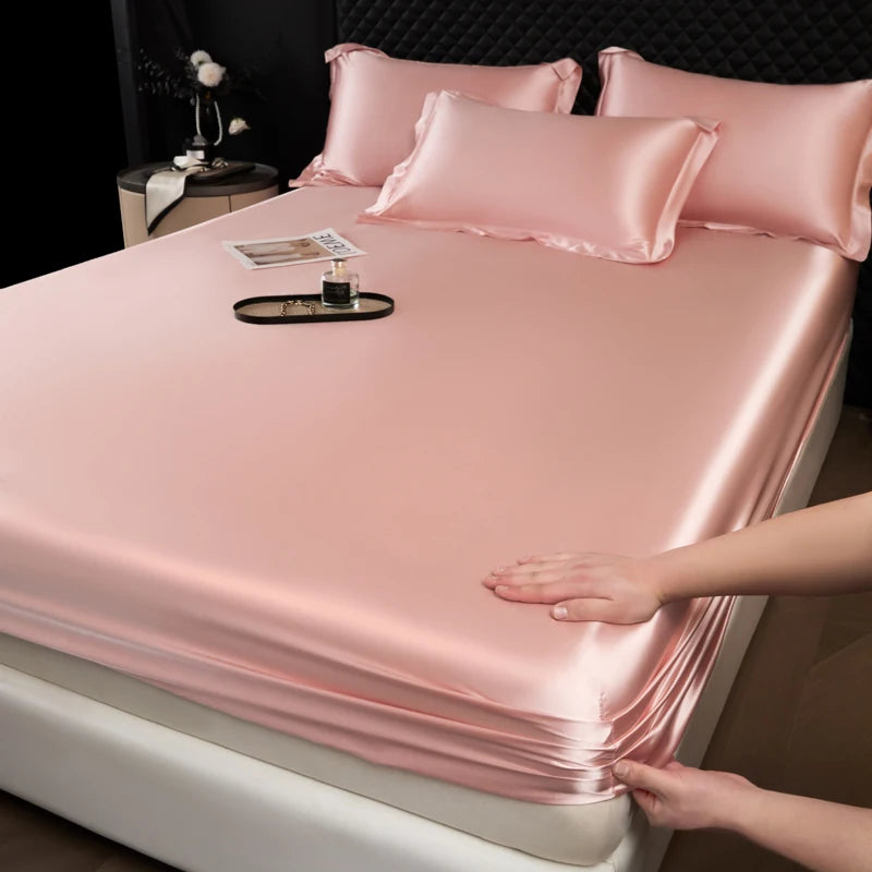 Solid Color Fashion Satin Fitted Sheet Rayon Mattress Cover with Elastic Band Bed Sheet for Bedding 140x200 160x200