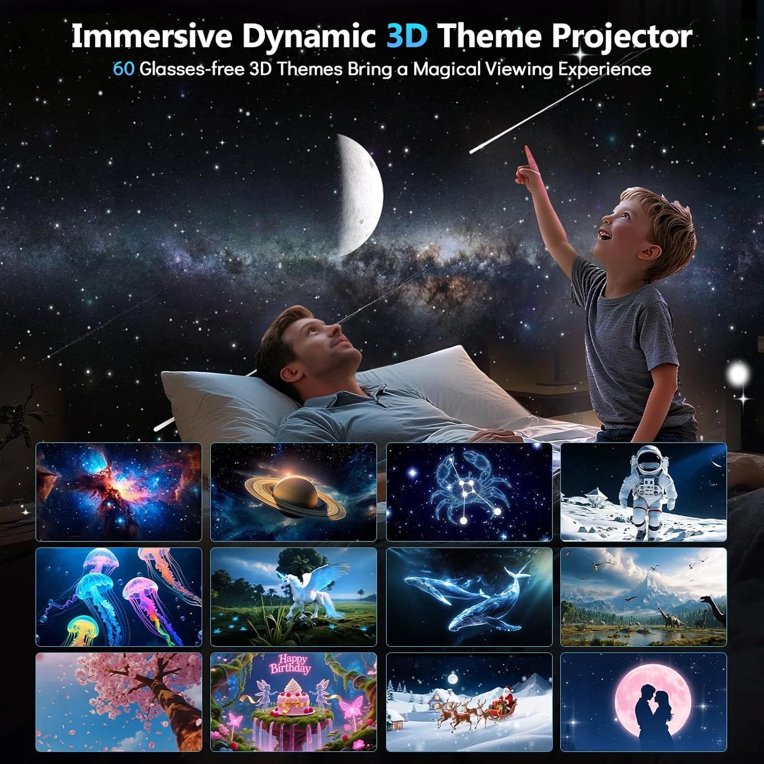 3D Galaxy Projector, 4-in-1 Bluetooth Speaker & Timer, 60 Scenes, Starry Night Light for Bedroom Party Decor, Gifts Kids Adults