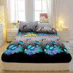 1 Simple Modern Plant Flower Butterfly Printed Matte Fitted Sheet, Bedroom Printed Bed Cover, Bedding (Excluding Pillowcases)